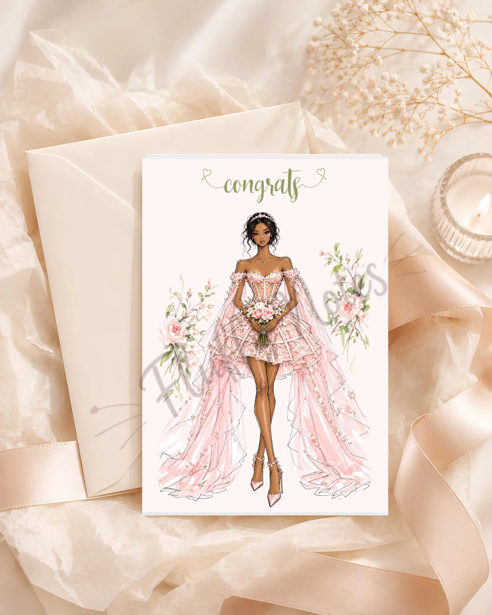 Bridal shower congratulations card with a bride in a pink gown holding flowers