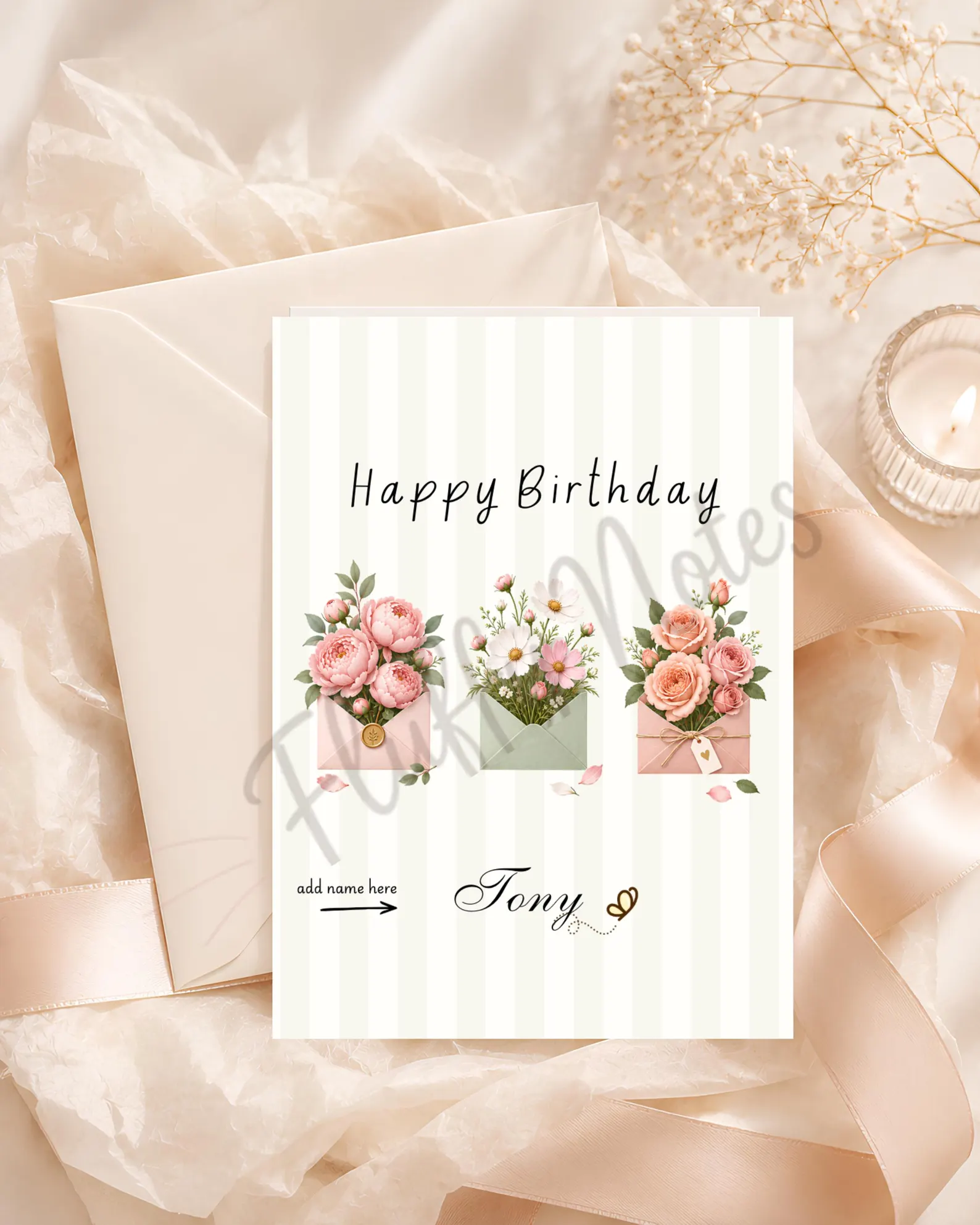 Personalized floral birthday card with pink flower-filled envelopes and an example name